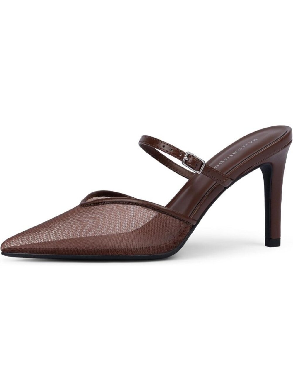Women's Mesh Chocolate Pointed Toe Ankle Strap Stiletto Heel Party Mules Sandals